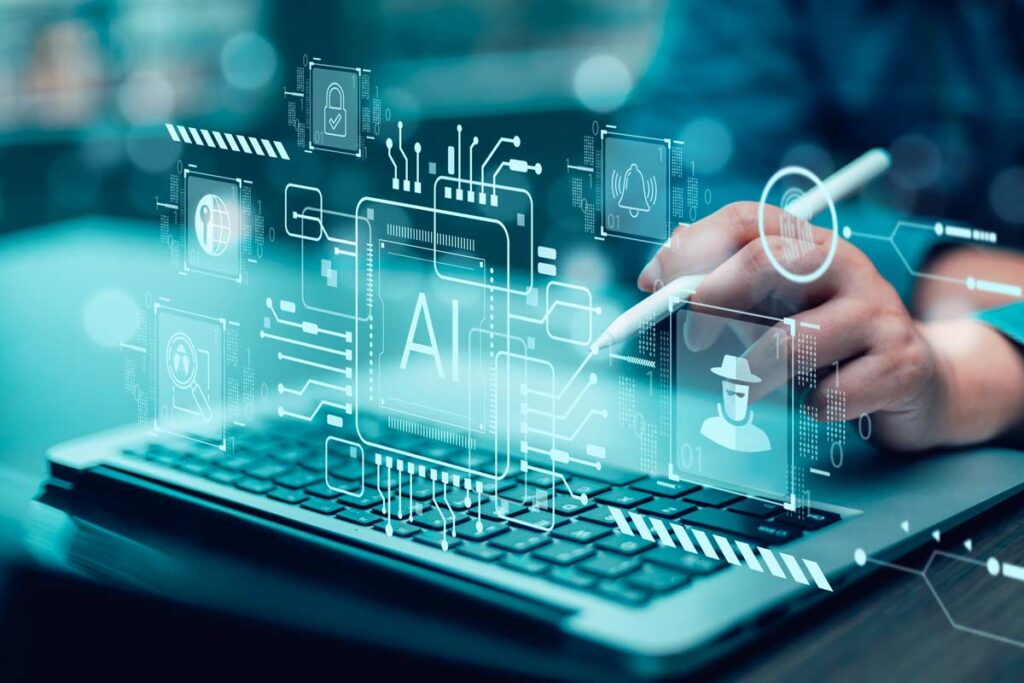 Someone typing on a tablet with a visualization of AI
