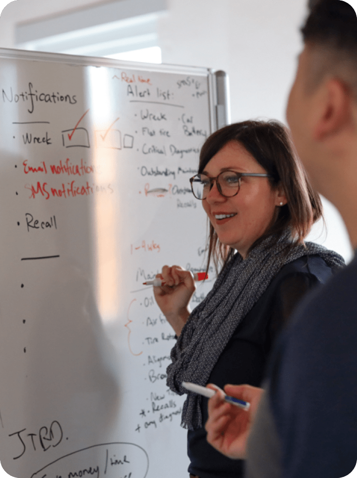 two individuals at a white board planning