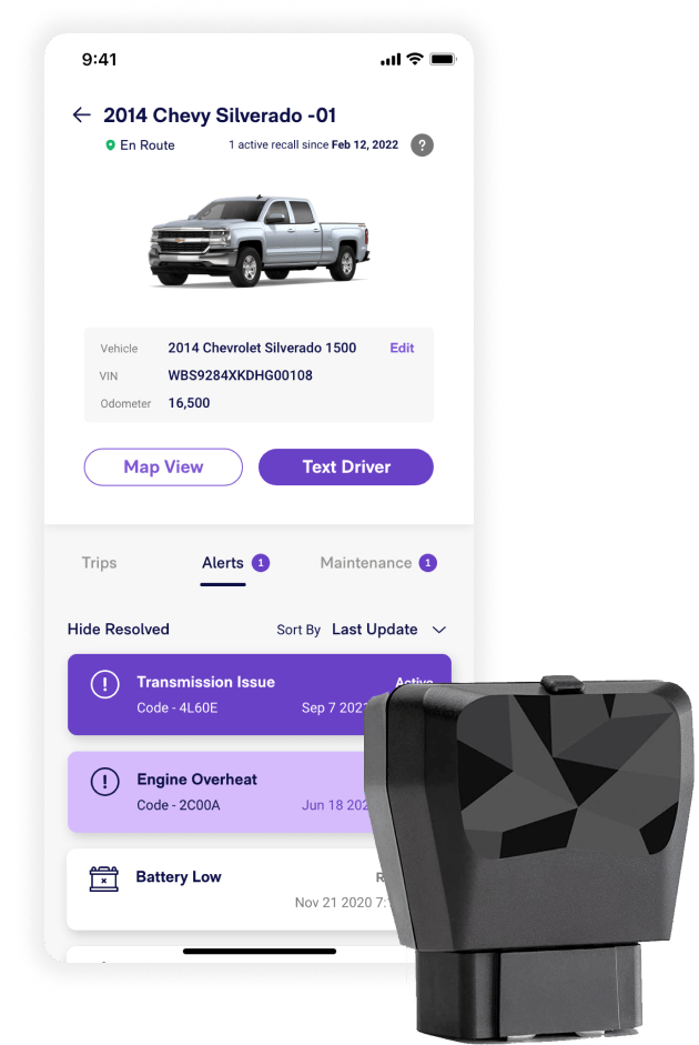 Fleet management app and OBDII port device