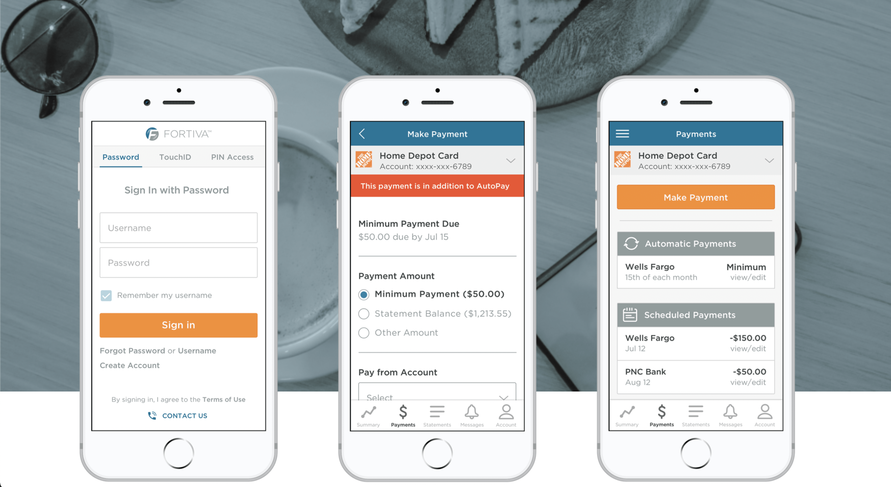 Fortiva mobile app screens