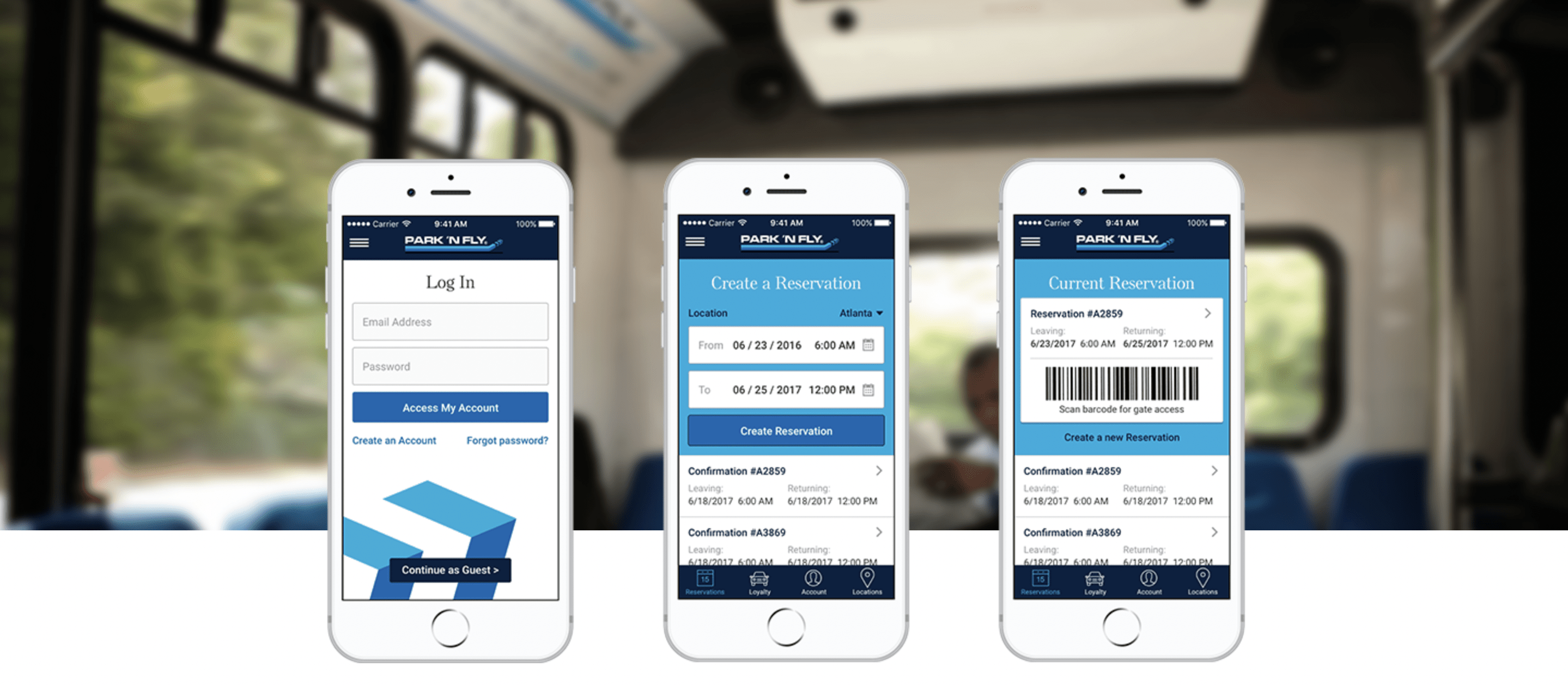 Park 'N Fly mobile app screens
